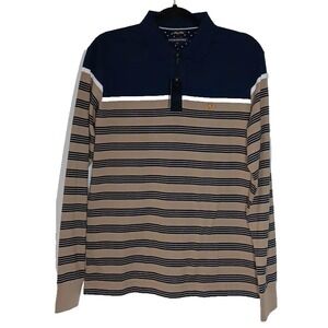Fahrenheit Polo Shirt Mens Medium Blue Tan Striped Long Sleeve Casual Crest Trim